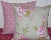 Set of Two Throw Pillow Cushion Covers 16 inch Shabby Chic Style Sage Green Flora Roses fabric backed with co-ordinating pink dotty fabric