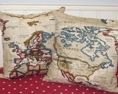 Two Pillow Cushion Covers Beige Antique Style Atlas World Map Print  on Front and Back.