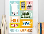 Kitchen Print poster, Mid century poster, art for kitchen, Cathrineholm, Retro kitchen wall decor, Scandinavian design, Kitchen Happiness A3 - handz