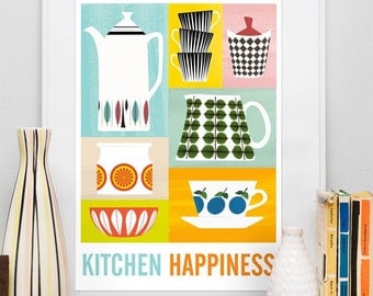 Kitchen Print poster, Mid century poster, art for kitchen, Cathrineholm, Retro kitchen wall decor, Scandinavian design, Kitchen Happiness A3