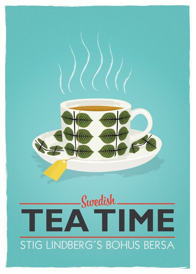Tea poster  teacup print Kitchen art - Stig Lindberg Bersa - Swedish tea time A3  turquoise  wall decor