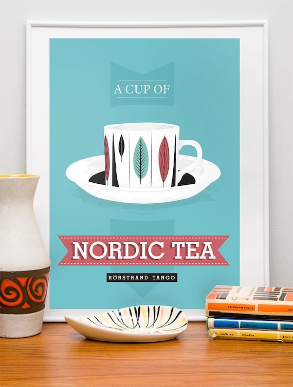 Mid Century poster print Kitchen print  Tea poster - Nordic Tea - retro rorstrand scandinavian art blue A3