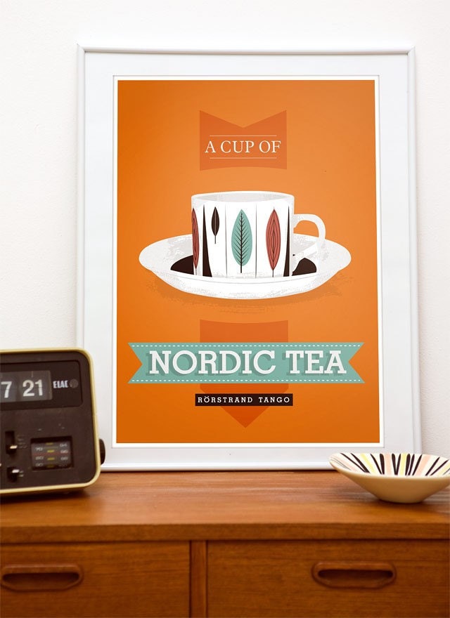 Tea print, kitchen decor, tea illustration, scandinavian design, vintage tea cup art, - Cup of Nordic tea A3