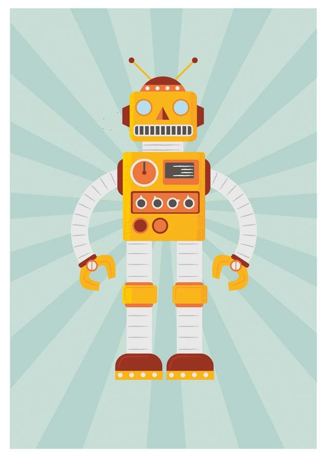 Retro Robot poster, art for kids, happy nursery print, baby nursery art,  vintage robot, pop art, modern,  Retrobot 2  A3