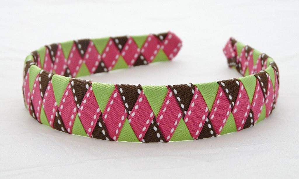 Pink, Green, and Brown Ribbon Woven Headband - ALittleRosieBowtique