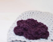 Flower Beanie Hat Women's - Flower Hat - Adult Beanie Hat - Women's Crochet Hat - Gray Purple
