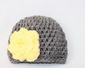 Newborn Flower Hat - Infant Flower Hat- Baby Flower Beanie - Crochet Baby Hat Flower - Newborn Crochet Hat - Gray Yellow - MyStitchInTime