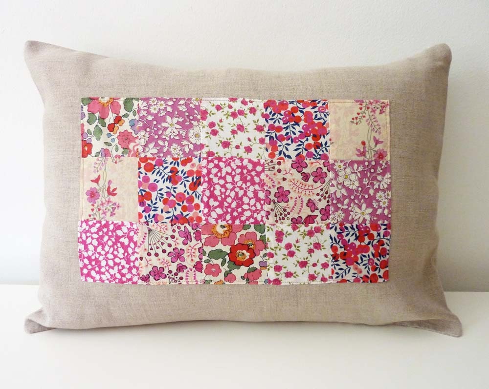Raspberry Liberty of London Patchwork Pillow on Natural Linen. 12x16