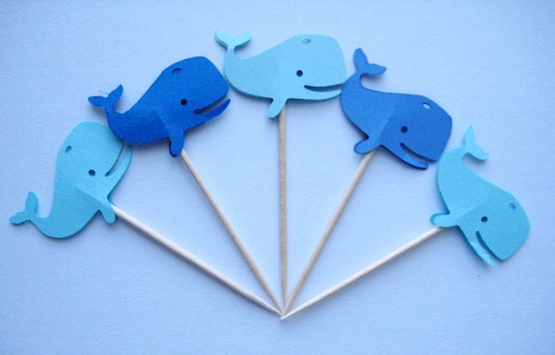 24 Mixed Blue Whales Party Picks - Cupcake Toppers - Toothpicks - Food Picks - die cut punch FP248