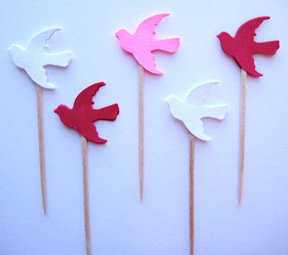 24 Red White Pink Dove Bird Party Picks - Cupcake Toppers - Toothpicks - Food Picks - die cut punch FP144