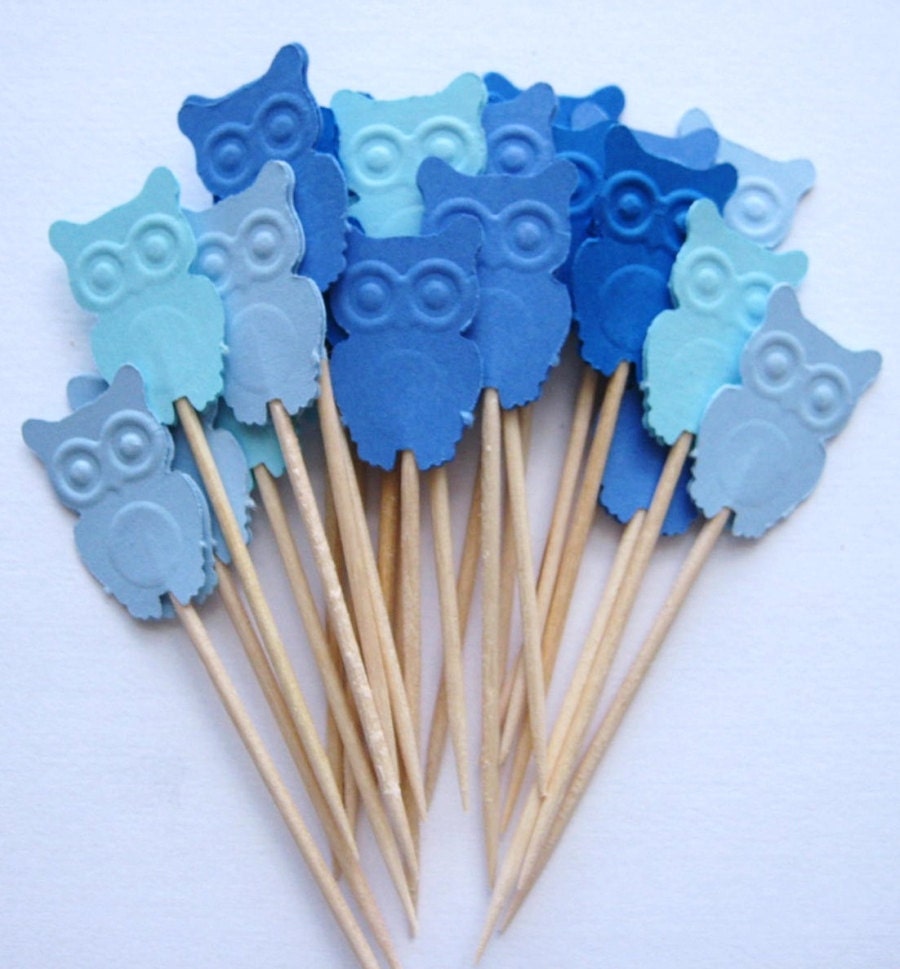 24 Mixed Blue Owl Party Picks - Cupcake Toppers - Toothpicks - Food Picks - die cut punch FP197