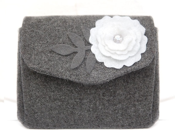 Gray Wool Tweed Wallet with White Felt Applique Flower. Folding Coin Purse with diamond look jewel
