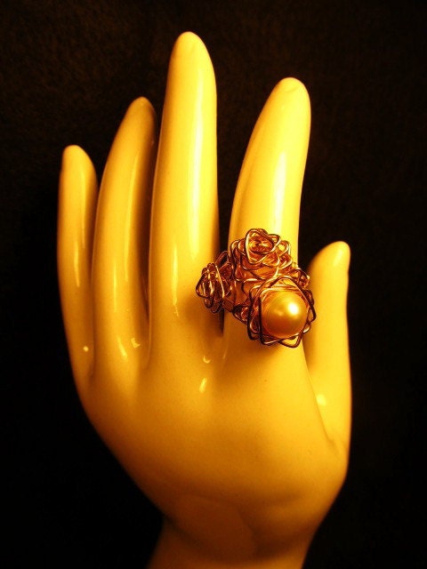 Triple Rosette Ring with Freshwater Pearl - 14kt Gold Fill