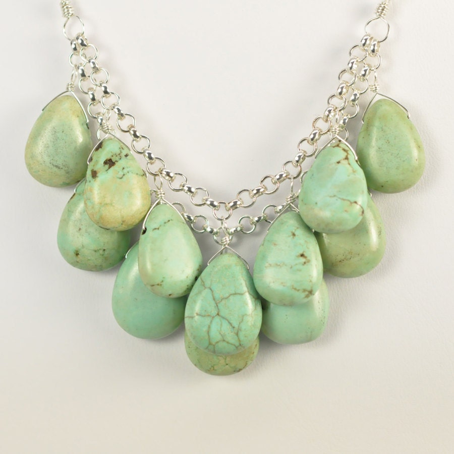 Mint Green Necklace, Statement, Wire Wrap Stones, Layered, Bib Style, Glamorous Night Out, Sterling Silver, Turquoise, Kristin Noel Designs