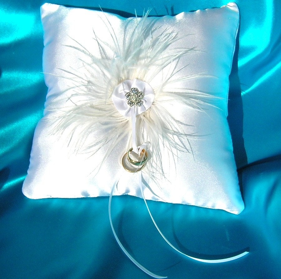 White Satin Ring Bearer Pillow With Ostrich Feather Wreath and Crystal Flower Center