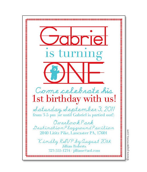 PRINTABLE Party Invitation - Personalized Modern Alphabet (Red & Blue with Teddy Bear)