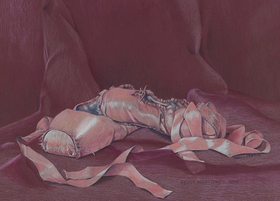 Framed Fine Art Giclee in black frame color pencil drawing ballet slippers mauve purple pink realism