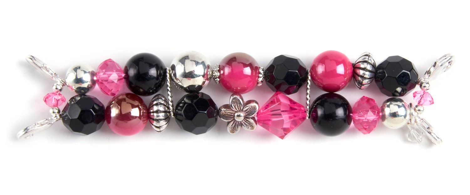 Double stranded pink and black interchangeable beaded watch band