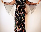 Vintage Sheer Butterfly Sleeves, Maxi Dress with Sheer Sleeves