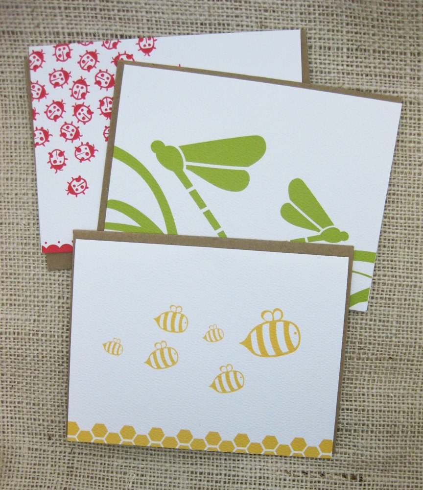 Cute, Modern, Spring, Lady bugs, Bees, Dragonfly, Mother's Day, Note Cards- Set of 6 (A2)