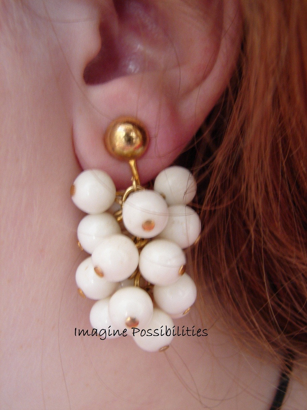 Vintage 1940s signed HOBE White Cluster Clip On Earrings