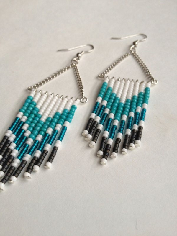 Hand Beaded Teal and White Chevron Earrings