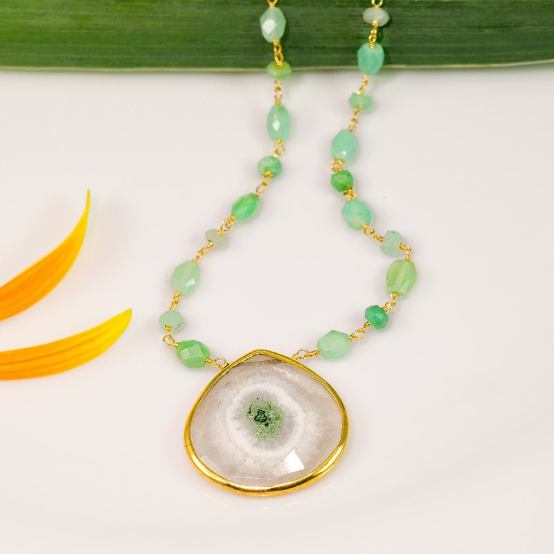 Rare large faceted bezel set Solar Quartz drop with wire wrapped natural chrysoprase stone necklace - Mother's Day Gift