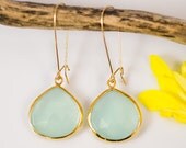 Aqua Blue Chalcedony Earrings - Bezel Set Earrings - Large Gemstone Earrings - Gold Earrings