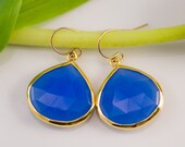 Deep Blue Chalcedony Earrings - Bezel set earrings - Gemstone earrings - gold earrings - something blue - Drop Earrings