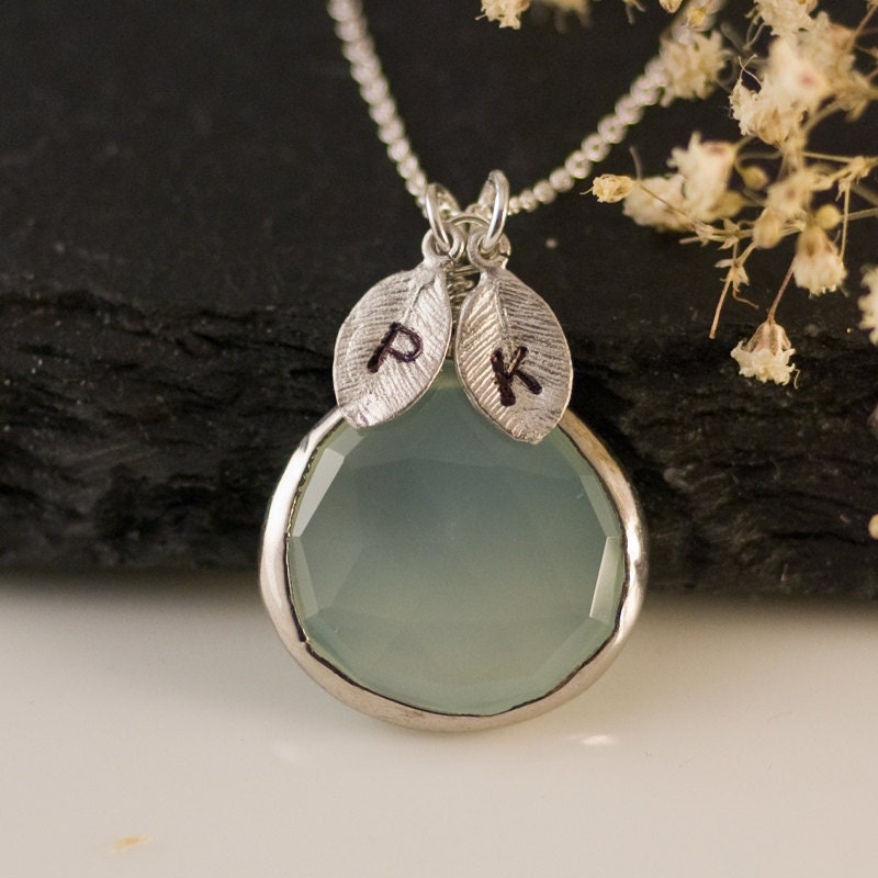 Personalized Necklace - Aqua Blue Chalcedony Necklace -  Personalized Jewelry - Custom Stamp Initials