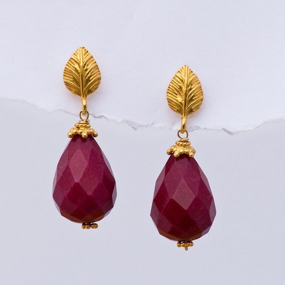 Large Ruby Quatz Drops and 22K Gold Vermeil Earrings - Mother's Day Gift
