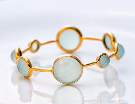 18K  Gold Plated Faceted Aqua Blue Chalcedony Bracelet - Mothers Day Sale