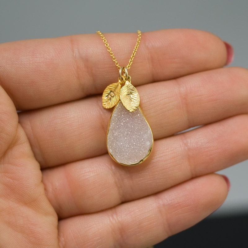 White Agate Druzy Necklace - Druzzy Personalized Necklace -  Drusy Personalized Jewelry - Custom Stamp Initials