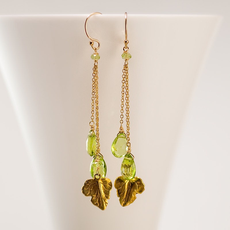 August Birthstone Earrings - Peridot Earrings - Long Peridot drop earrings with gold vermeil leaf charms - Gold earrings