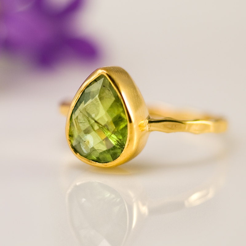 10% Off - Pear Shape Peridot Ring - Bezel Ring  - Gemstone Ring- Gold Ring - August Birthstone Ring - Size  4, 5, 6, 7, 8, 9