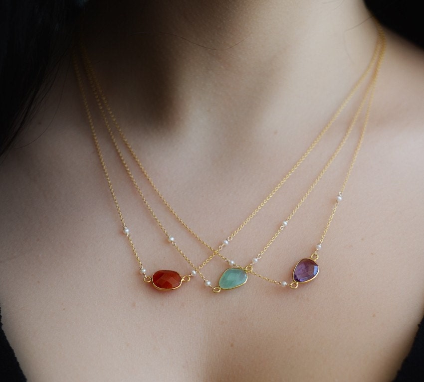 Faceted blue Chalcedony stone in 22k Gold Vermeil Necklace with Freshwater White Pearl