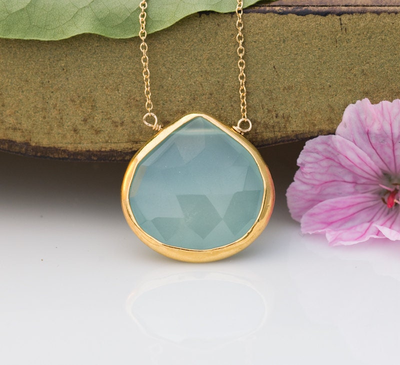 18K  Gold Plated Faceted Aqua Blue Chalcedony Bracelet - Mothers Day Sale