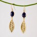 Bezel set blue sapphire connecters with Matte Finished 16k gold Plated leafs earrings- September Birthstone -