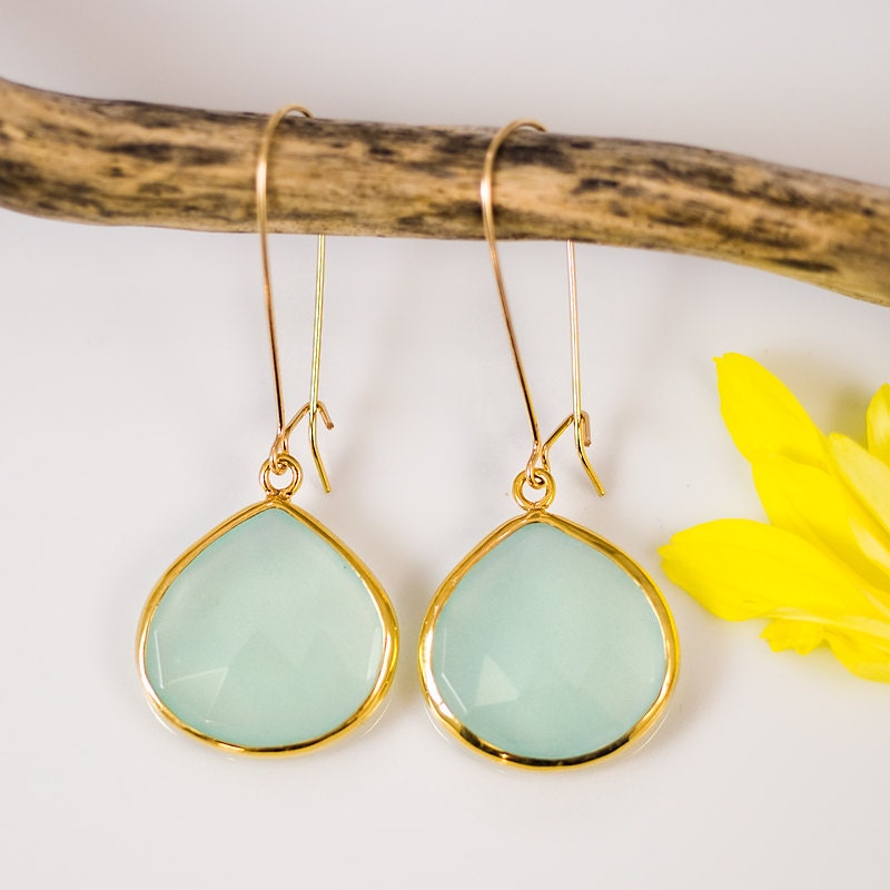 Aqua Blue Chalcedony Earrings - Bezel Set Earrings - Large Gemstone Earrings - Gold Earrings Mother's Day Gift