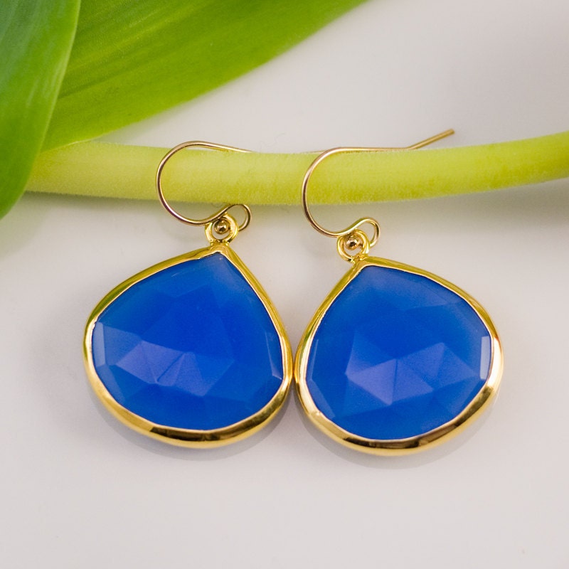 Deep Blue Chalcedony Earrings - Bezel set earrings - Gemstone earrings - gold earrings - something blue - Drop Earrings