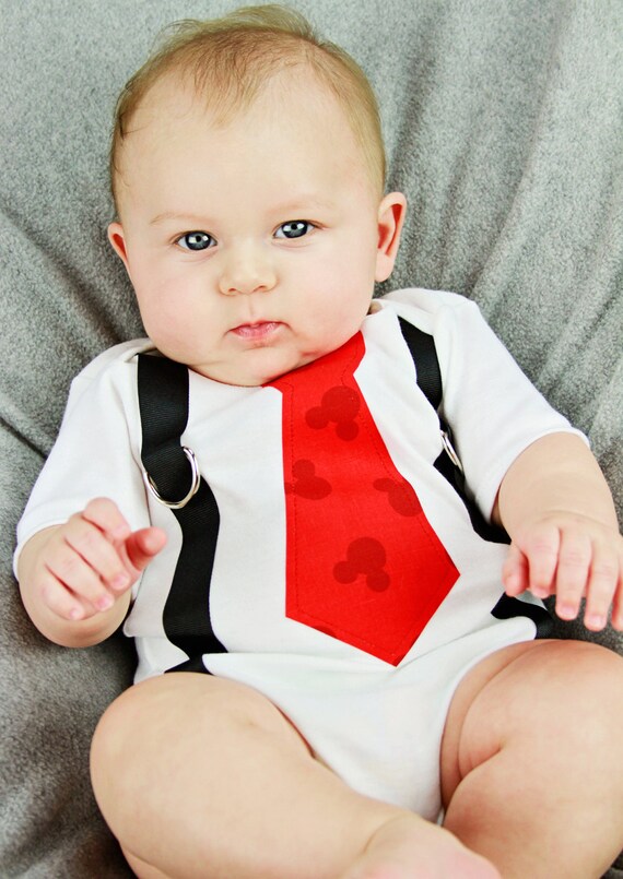 Mickey Mouse Disney Inspired Tie & Suspenders Onesie - Made To Order -0-3M through 24M