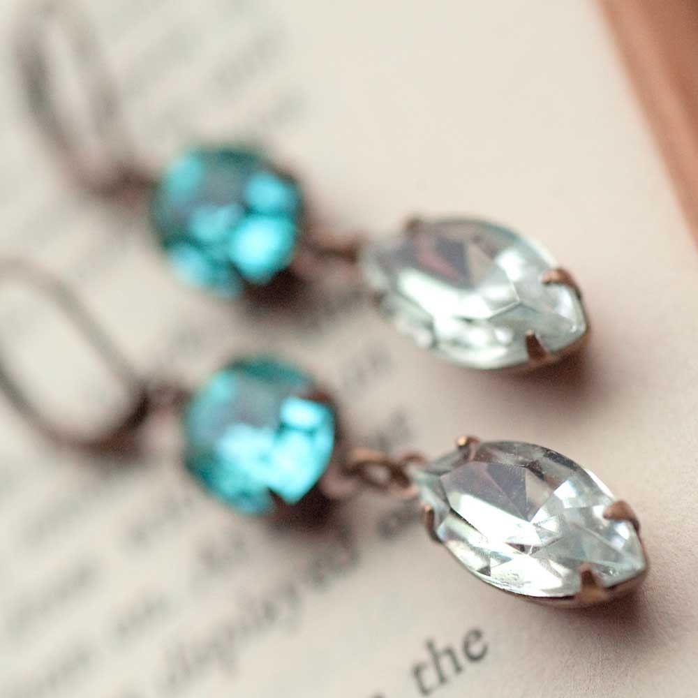 Estate Style Vintage Glass Ocean Blue and Crystal Navette Rhinestone Earrings