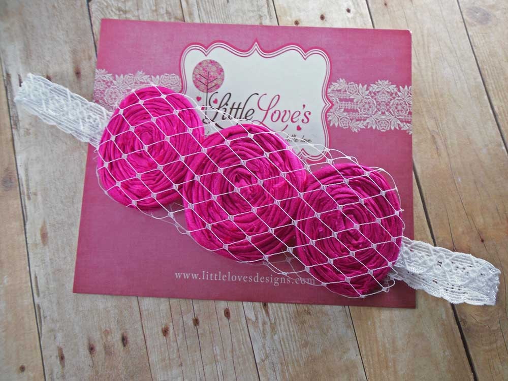 Baby Flower Headband- Pink Raw Silk Handmade Triple Rosette Flowers with French Tulle Accent on Skinny White Lace Headband