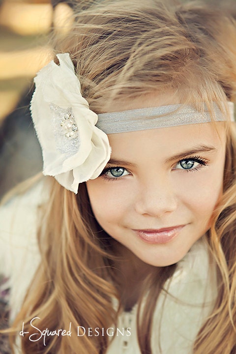 Baby Flower Headband- Wedding Headband- Natural White Flower on Light Grey Elastic Band