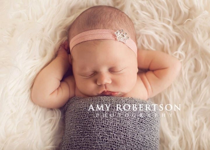 Baby Headband-Princess Rhinestone Crown on Soft Rose Mauve Elastic Headband