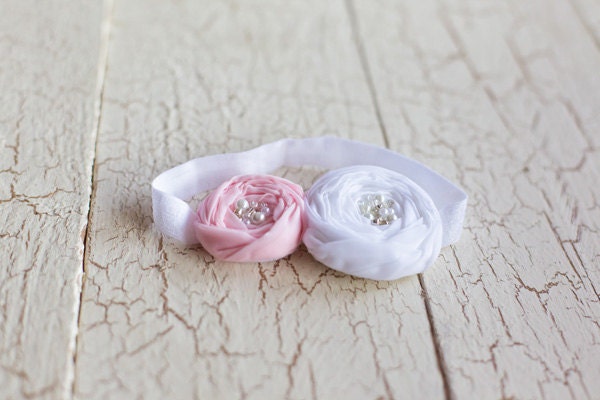 Baby Headband- White and Light Pink Handmade Rosette with Beaded Center on White Headband