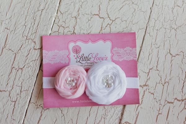 Baby Headband- White and Light Pink Handmade Rosette with Beaded Center on White Headband