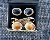 Vintage 70's "AVON CUFF LINKS" in A Onyx and Tiger Eye Look Convertible Style Gold Toned