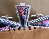 Vintage 70's "SPEIDEL CUFFLINKS " Set Pink /Black Retro Tie Clasp  Made in USA