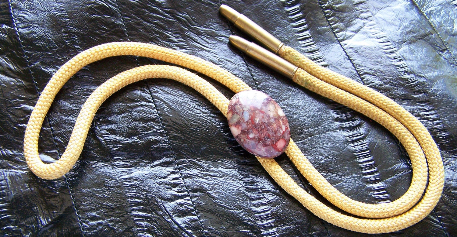 Vintage 60's Bolo Tie Oval Agate Slide Metal Bullet Tip Soft Yellow Cord